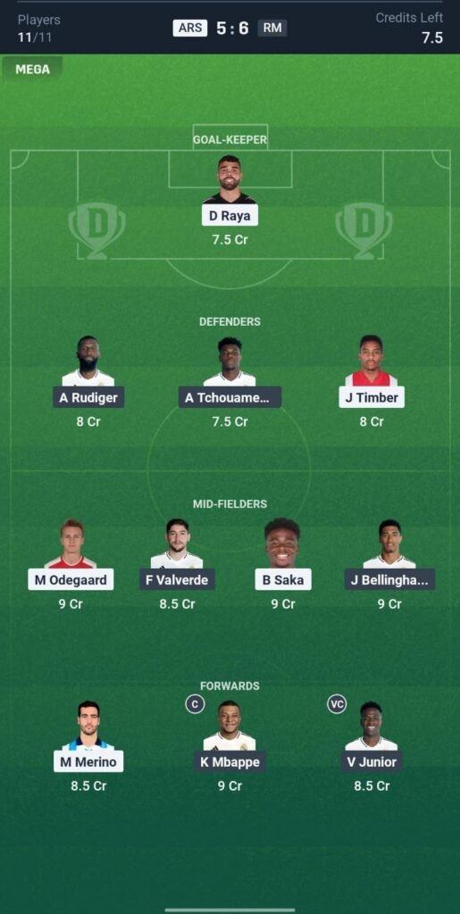 ARS VS RM Dream 11 & Draftking Team